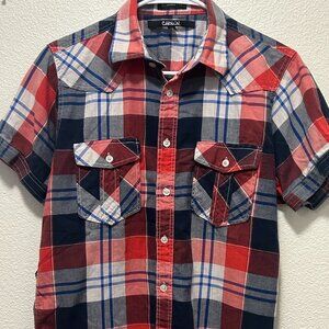 Carbon red and blue short sleeve classic fit button down shirt, men's small